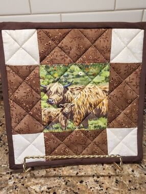 Highland Cow Quilted Potholders - Brown & Cream - set of 2